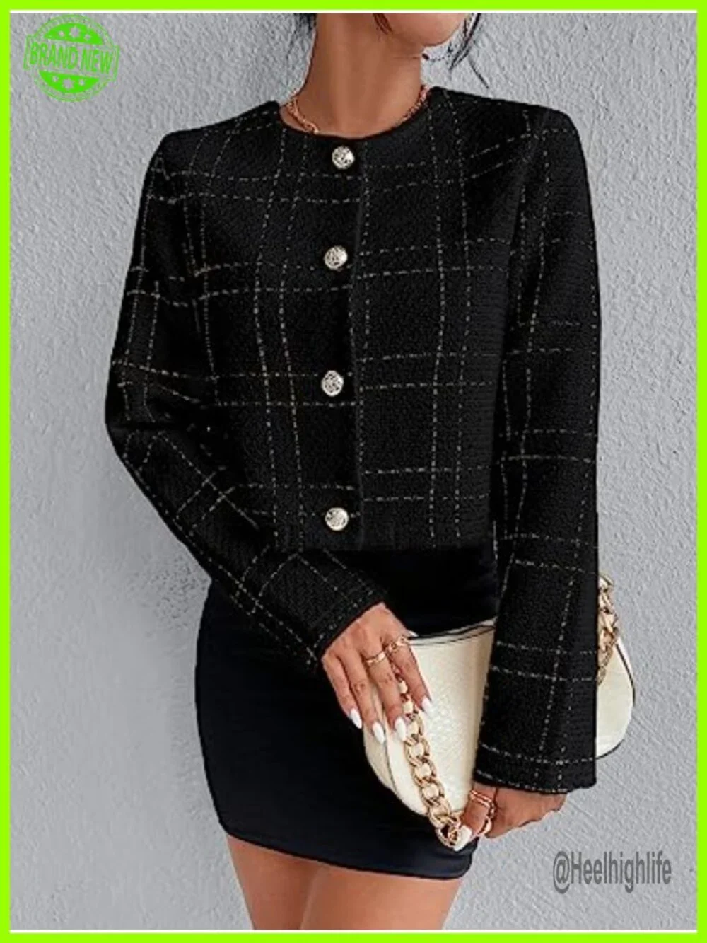 Plaid Long Sleeve Round Neck Button Down Crop Jacket Blazer